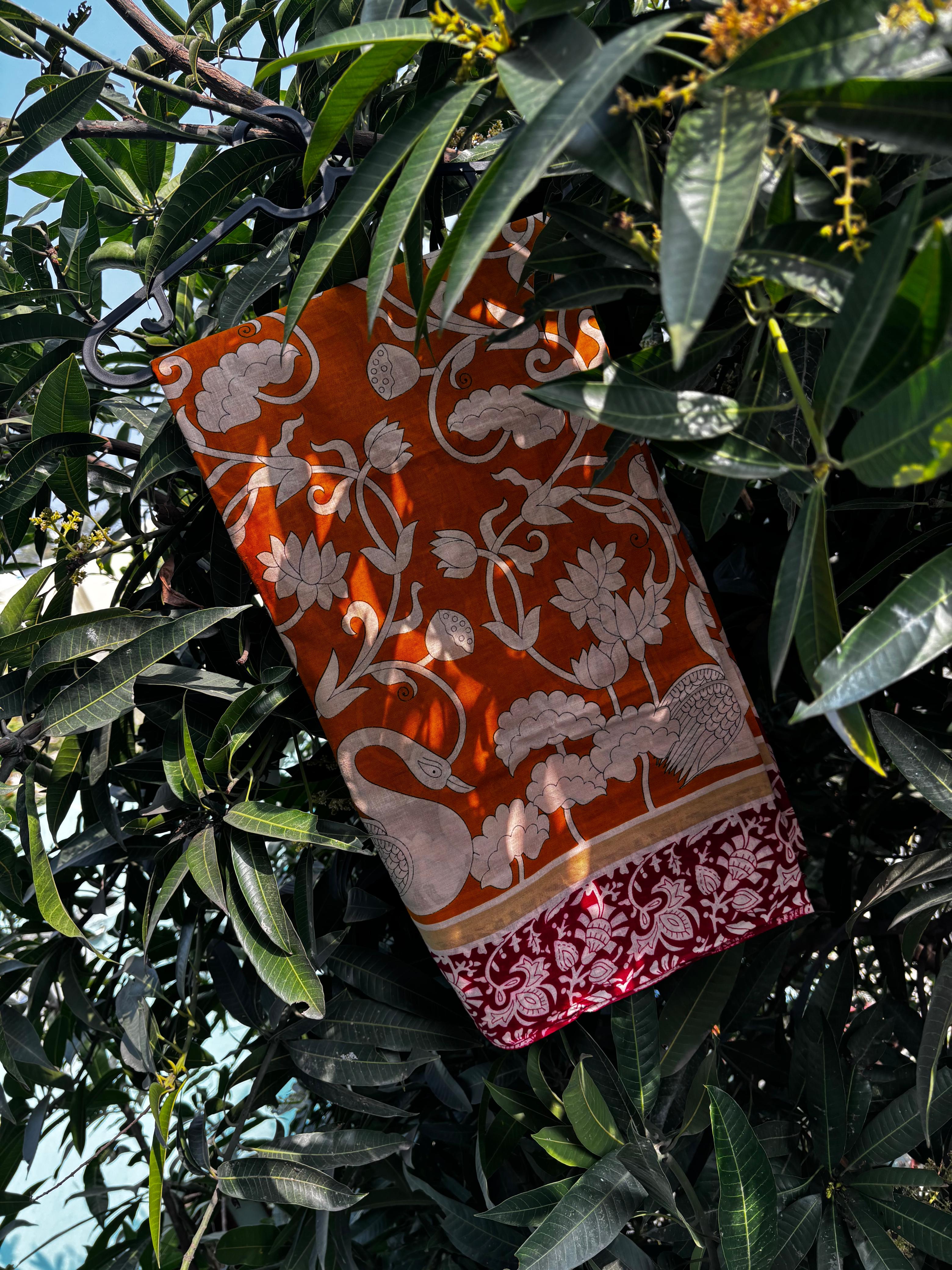 Swan Garden Pen Kalamkari Cotton